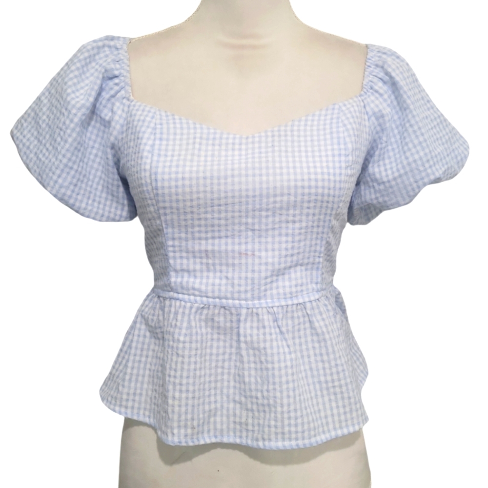 Lily White Blue & White Gingham Peplum Puff Sleeve Top Size Small